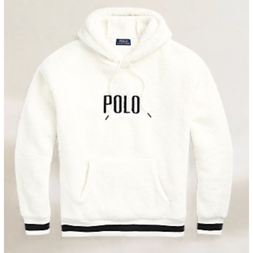 Polo Ralph Lauren Sherpa Fleece Hoodie Cream White Logo Pullover Men's Medium